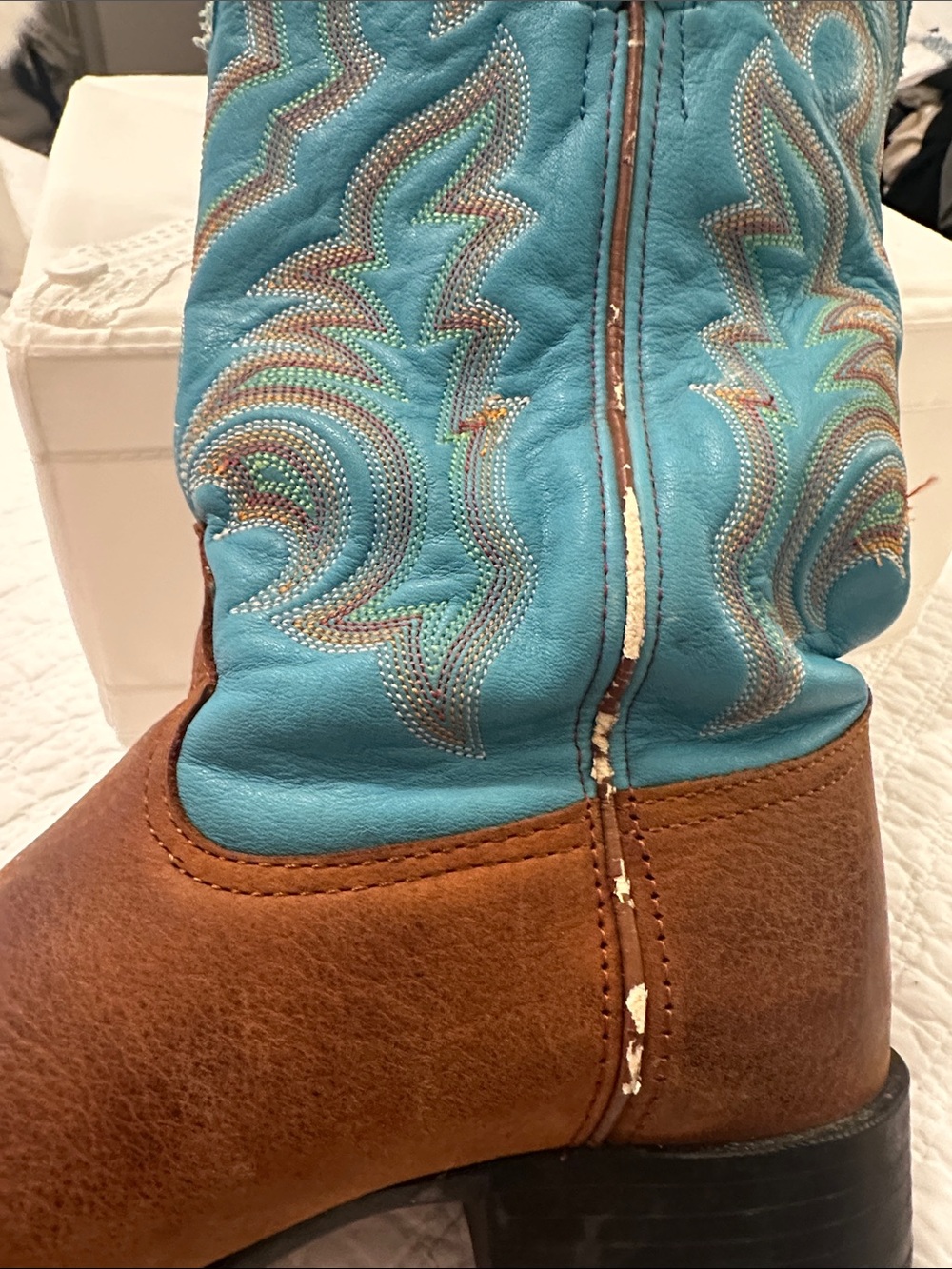 Vintage Tony Lama Brown Leather Boots with Turquoise Shaft and Stitching - Picture 8 of 9